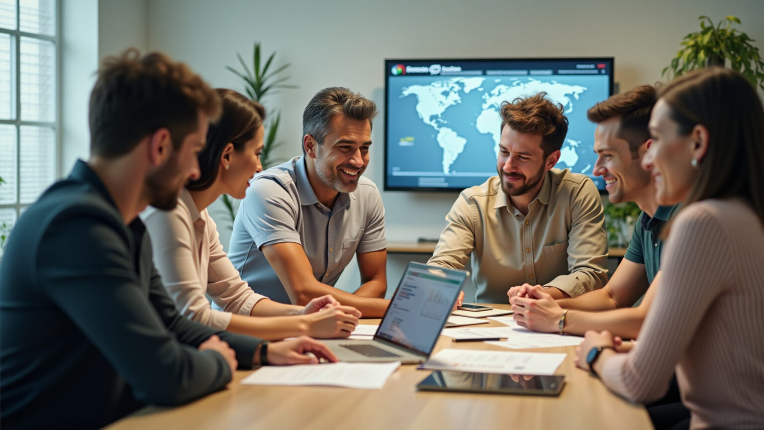 Equipe diversa em reunião de negócios analisando case de sucesso.
