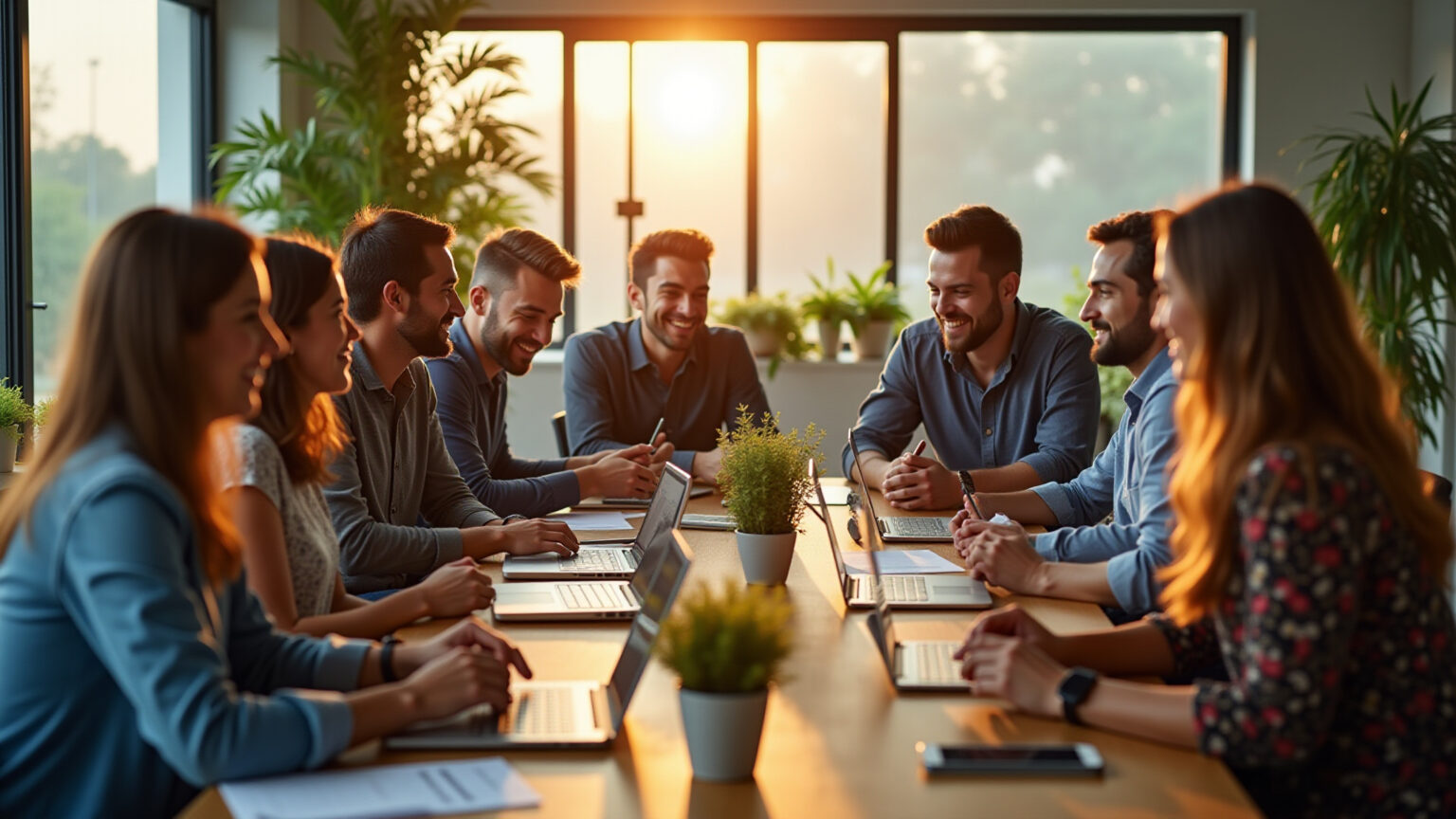 Profissionais brasileiros colaborando em um ambiente de trabalho moderno e vibrante.